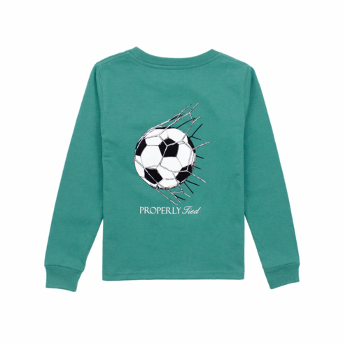 Properly Tied Soccer Goal Long Sleeve Teal Pocket Tee. Peruvian Pima Cotton. B