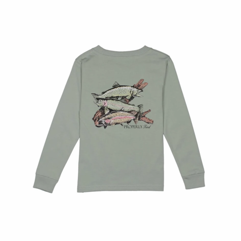 Properly Tied Trout Trio Long Sleeve Chrome Gray Pocket Tee. Peruvian Pima Cotton. B