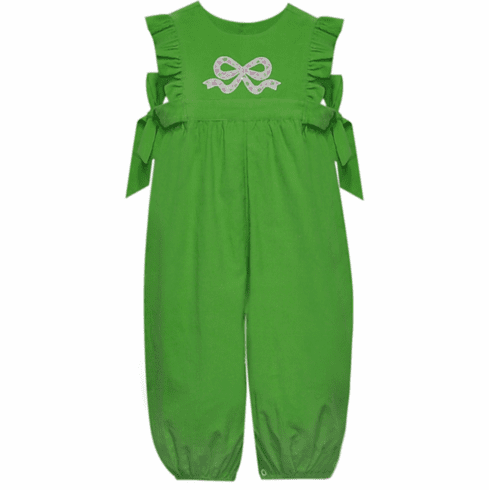 Remember Nguyen Abigail Long Lime Green Corduroy Romper with Bow. Infant Girl