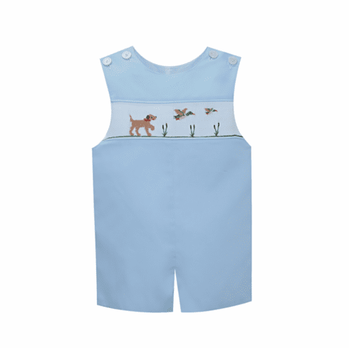 Remember Nguyen Boys Blue Shortall with Dog Chasing Mallard Smocking. Toddler Boy