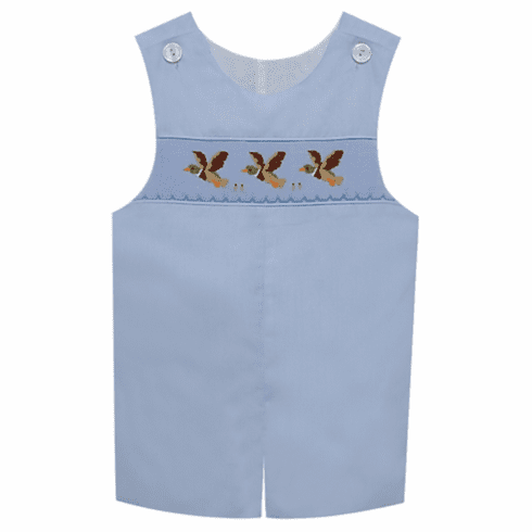 Remember Nguyen Boys Blue Shortall with Mallard Smocking. Infant Boy