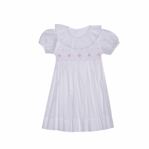Remember Nguyen Cate Pink Short Sleeves Bodice Smocked Dress with Collar.  Girl