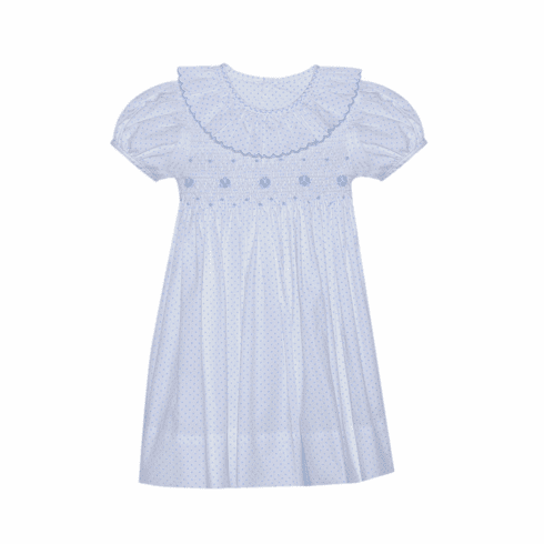 Remember Nguyen Cate White with Blue Short Sleeves Bodice Smocked Dress with Collar.  Toddler Girl