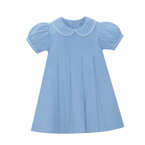Remember Nguyen Charlotte Baby Blue Corduroy Dress with White Piping. Girls