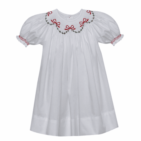 Remember Nguyen Christmas Ribbons White Bishop Smocking Dress. Infant