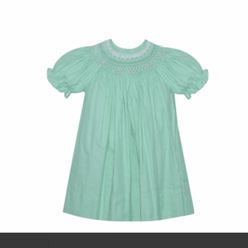 Remember Nguyen Georgette Lime Green Dress with Bishop Smocking. Infant