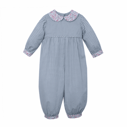 Remember Nguyen Kate Girls Long Gray and White Check Romper. Infant