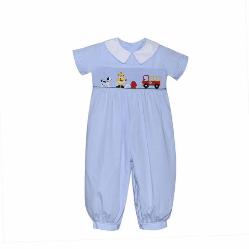 Remember Nguyen Little Boy Firetruck Blue Check Long Romper
