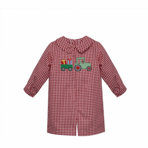 Remember Nguyen Red Check Romper with Tractor with Gift Box. Infant Boy