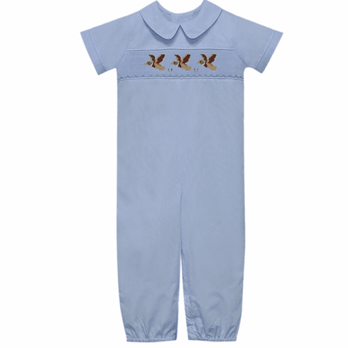 Remember Nguyen Rowan Long Blue Romper with Mallard Smocking. Infant