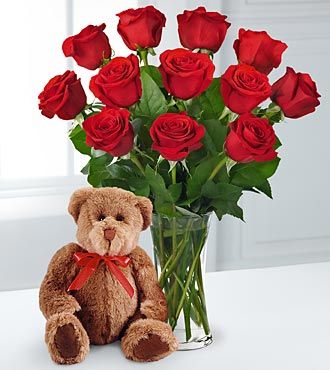 12 Stems  Roses & Bear Arrangement Valentine's