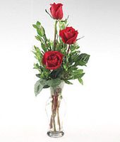 A glass vase of three Red Satin roses Secretaries 