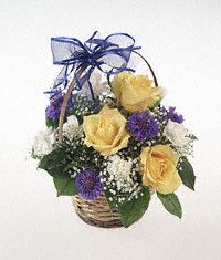An arrangement for a baby boy in a basket.
