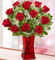 Blooming Love 12 Premium Red Roses in Red Vase