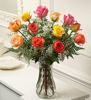 One Dozen Long Stem Multicolored Roses
