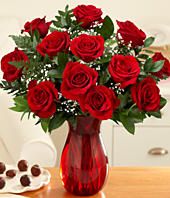 One Dozen Long Stemmed Red Roses w/ baby breath