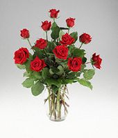 One dozen red roses in a clear vas