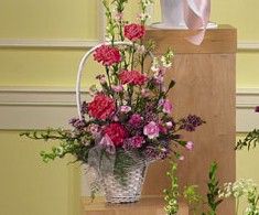 Pink Carnation and Larkspure in Basket