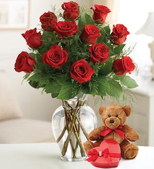 Rose Lovers Bouquet - One Dozen Red Valentine w white bear