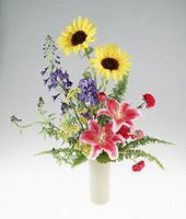 Stylized arrangement of bright flowers.