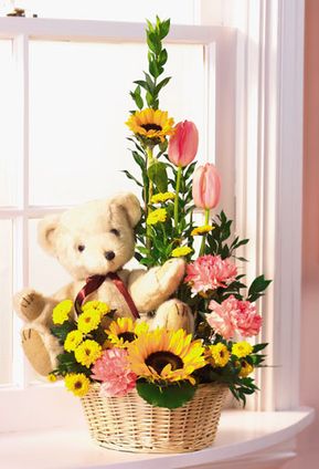 Teddy bear and flower basket