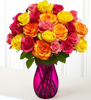 Two Dozen Multicolored Roses with Pink Vase 