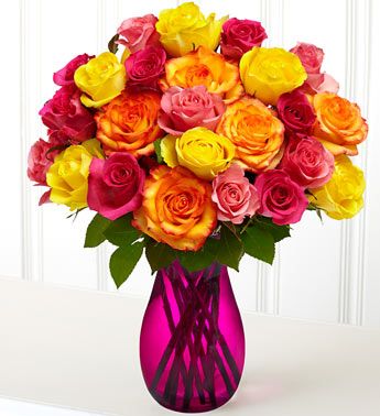 Two Dozen Multicolored Roses with Pink Vase 