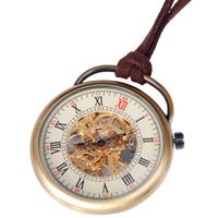Full View Pocket Watch With Brown Leather Cord PW17