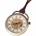 Full View Pocket Watch With Brown Leather Cord PW17