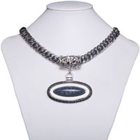 Ladies Fashion Necklace Large Blue Grey Oval Drop Pendant