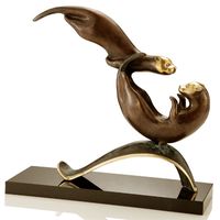 "Balancing Act" Otters Brass Art Sculpture, Marble Base