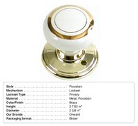 Door Knob Privacy Sets, Gold Trimed Porcelain, W/Brass Plated Escutcheons