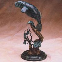 Double Manatees With Fish Metal Art Sculpture