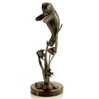 Manatee And Fish Brass Art Sculpture, Marble Base