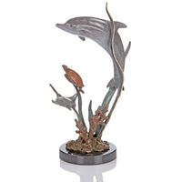 "Paradise Found" Dolphin/Turtle Art Sculpture, Brass & Marble