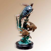 Single Sea Turtle With Fish Metal Art Sculpture