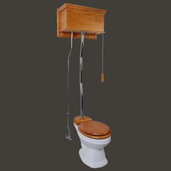 Toilets, Elongated Bowl, High Tank White Ceramic/Light Oak, Z-pipe