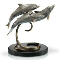 Triple Dolphins Brass Art Sculpture, Marble Base