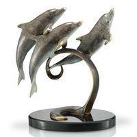 Triple Swimming Dolphins Brass Art Sculpture, Marble Base