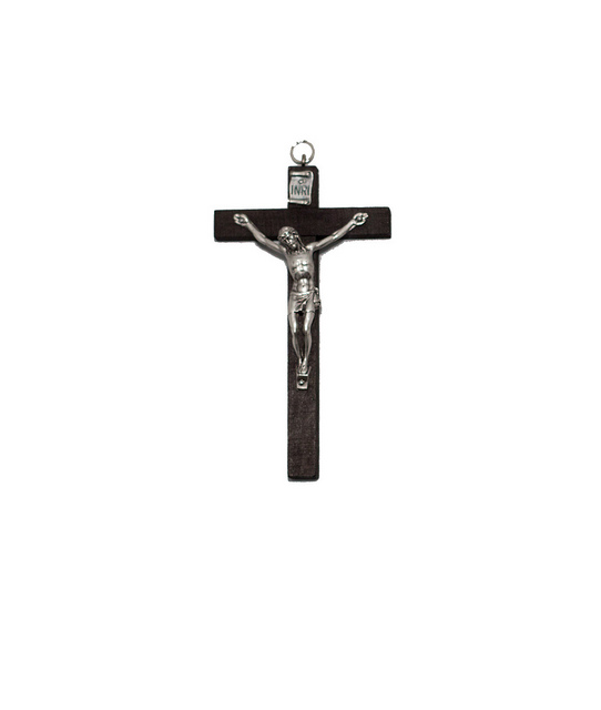 Small Black Wood Crucifix - 4 Inch Italian-Made Hanging Cross With Silver Corpus