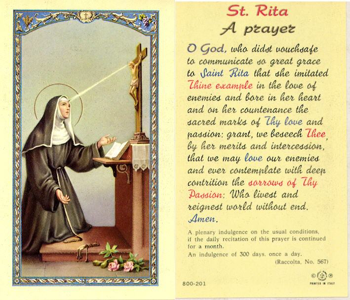 Prayer To Saint Rita laminated Holy Card | HolyFamilyOnline.com