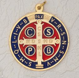 Saint Benedict Large Medal Gold Tone Dark Blue Enamel" itemprop="image