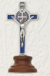 Standing Saint Benedict MinI Cross On Base - Blue Enamel" itemprop="image