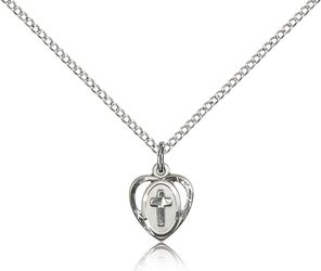 Sterling Silver Heart / Cross Medal Pendant" itemprop="image