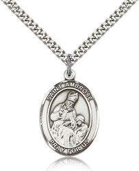 Sterling Silver St. Ambrose Patron Saint Medal Pendant - Large" itemprop="image