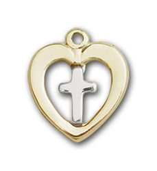 Two-Tone SS/GF Heart / Cross Medal Pendant" itemprop="image