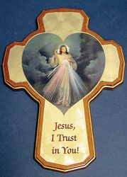 Wooden Jesus, I trust in you cross w/ Divine Mercy (8-1/2 inch)" itemprop="image