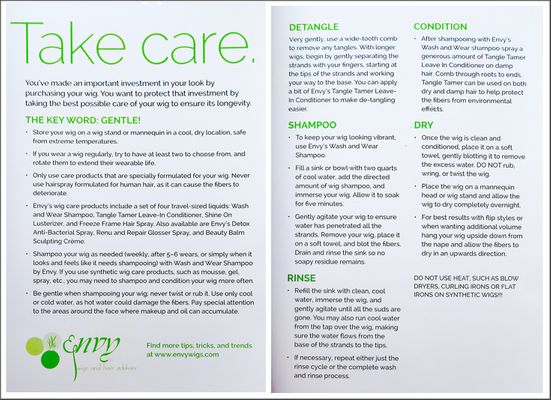 Take Care ENVY Wigs - reference to all synthetic wigs