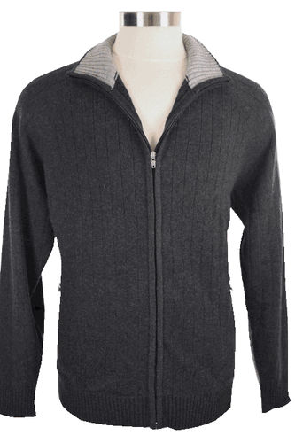 <font color=red>4 Ply</font> Men's Cardigan Cashmere Sweater Zip Closure, 2-tone Collar, 2 Zip Pockets. (Charcoal Grey)