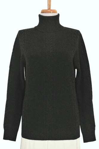 4-ply Women's Turtleneck Cashmere Sweater Cable Knit (Charcoal Grey)